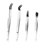 4pcs Tweezers with Rubber Tips, Stainless Steel Coated Tweezers Tools Includes Straight Tip Flat Tip Long Curved Tweezers Jewelry Tweezers for Crafts Jewelry Making Lab (Black)