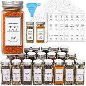 AOZITA 24 Pcs Glass Spice Jars with White Printed Spice Labels - 4oz Empty Square Spice Bottles - Shaker Lids and Airtight Metal Caps - Silicone Collapsible Funnel