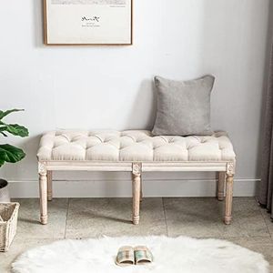 DM Furniture Tufted Dining Bench French Vintage Fabric Upholstered Wood Dining Room Bench Rustic Entryway Bench Bedroom End Bed Bench, Beige 48" Long