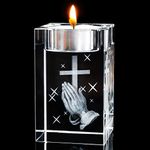 YWHL Cross Religious Crystal Votive Candle Holders, Laser Engraving Praying Hand and Cross Glass Tealight Candle Holder for Table Centerpiece, Home Party Wedding Decorative