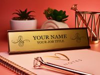 Custom Personalised Fancy Swirling Pattern Engraved Gold Aluminium White Office Home Desk Name Plaque Decorated Silver Front Plate Bespoke Modern Gift Teacher Graduate Manager Assistant Executive