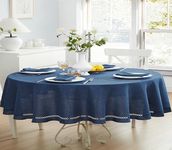 Newbridge Fabric Oval Tablecloth, 60 x 84 Inch, Easter Provence Lattice Cutwork Solid Color Textured, Water and Stain Resistant Easy Care Fabric Table Cloth for Spring Parties, Denim Blue