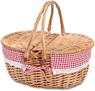 Large 15.4" Wicker Picnic Basket with Removable Liner Empty Picnic Baskets with Lid, Picnic Hamper with Foldable Handles for Picnic,Checkered