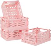 4-Pack Pink Plastic Storage Crate Small Baskets for Organizing Collapsible Storage Crates for Desk Organizers,Stackable Cute Storage Bins for Classroom,Office,Bathroom 5.9"x 3.9" x 2.3"