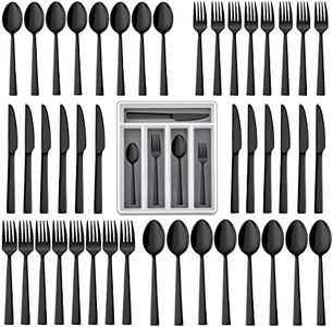 LIANYU 60-Piece Black Silverware Set with Organizer Tray, Stainless Steel Square Flatware Cutlery Set for 12, Black Eating Utensils for Home Restaurant, Dishwasher Safe, Mirror Finished