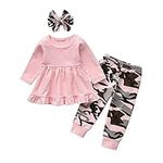 Baby Girls Clothes Set Toddler Solid Color Long Sleeve Top Camouflage Pants Headband Fall Winter Outfit Pink 18-24 Months