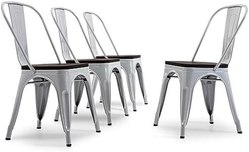 BELLEZE Metal Dining Chairs Set of 4, Stackable Metal Chairs Vintage Farmhouse Chairs with Detachable Backrest and Wood Seat, Weather Resistant Tolix Chair for Indoor Outdoor - Alexander (Silver)