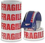 Fragile Tape & Dispenser | 6 Rolls 48mm x 50m Fragile Packing Tape | Fragile Tape For Packing Boxes | Strong Parcel Tape For Moving with 'Fragile' Print | Easily Seals Parcels & Boxes