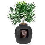 Good Pet Stuff, The Original Hidden Litter Box Base Kit, Round Enclosed Cat Litter Box Planter with Artificial Plants, Vented Carbon Odor Filter System, Florist Moss, Easy to Clean, Black Suede