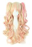 MapofBeauty Multi-color Lolita Long Curly Clip on Ponytails Cosplay Wig (Blonde/Pink)