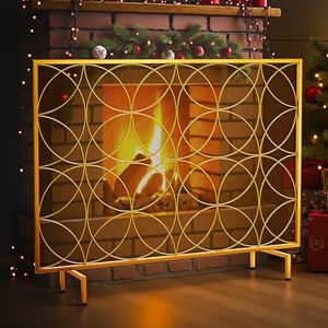 Idzo 40.8 x31.5 inch Single Panel Fireplace Screen, Stable Fireplace Barrier with Powder Coated Steel Frame, Handcrafted Solid Wrought Steel Decorative Mesh, Fire Spark Guard Grate, Gold