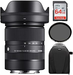 Sigma 18-50mm f/2.8 DC DN Contemporary Lens for Sony E Mount with Tiffen CPL Filter, 64GB SD Card, and Camera Bag Bundle (4 Items)