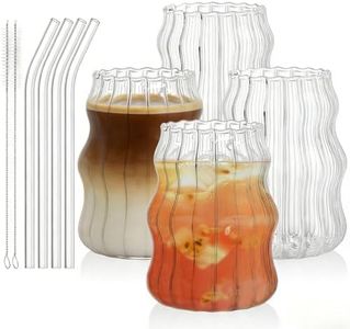 Tebery 4 Pack Ribbed Aesthetic Glass Cups with Glass Straw, 16Oz Vintage Drinking Glassware Ripple Cocktail Glasses for Iced Coffee Juice Beverage Milk RibbedGlassCups-4pc