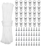 KAXIMON 30M x 2mm Picture Hanging Cord, White Strong Nylon Picture Hanging Wire, Picture Frame Hanging String with 30 D-Ring Hooks and 40 Screws