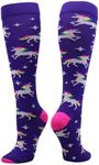 MadSportsStuff Neon Rainbow Unicorn Over the Calf Socks (Purple/Neon Pink, X-Small)