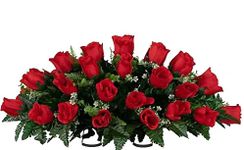 GeRRiT Large Artificial Roses Cemetery Flowers - Realistic - Outdoor Grave Decorations - Non-Bleed Colors - Saddle for Headstone,Outdoor Tombstone Memorial Decorations, Easy Fit (Red)