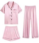 SWOMOG Womens Satin Pyjama Sets Ladies Silk Nightwear 3 Piece Short Sleeve Pj Set Button Down Sleepwear Set Loungewear Pink