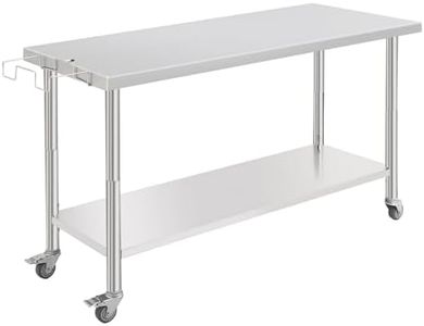 GarveeTech 2-Tier Stainless Steel Table with Caster Wheels, 60 in x 24 in Commercial Worktables & Workstations, Heavy Duty Metal Food Prep Table with Removable Trash Rack for Kitchen, Warehouse