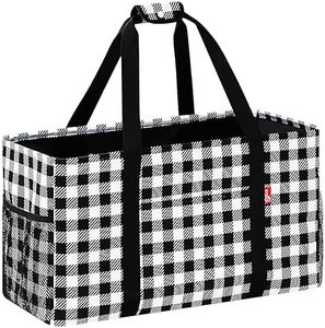 RVSNQ Extra Large Utility Tote Bag, Foldable Reusable Grocery Bags, Collapsible Tote with Metal Wire Frame & Reinforced Bottom Board, Stand up Large Utility Tote for Groceries（Black Cube Plaid）