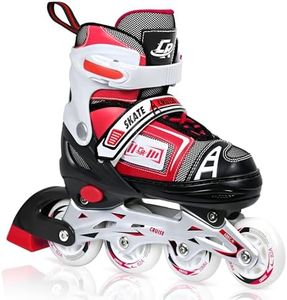 Adjustable Inline Skates for Kids, Teens, and Adults – ABEC-7 Bearings, PU Wheels, Comfortable Fit, for Indoor and Outdoor Skating (Red, Large - Youth (5Y-7Y US))