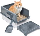 iPrimio Premium Stainless Cat Litter Box for Easy Cleanup - Durable and High Sides Stainless Steel Litter Box with Step Scoop - Mat Elevated for Cats - Scratch and Bite Proof - Dark Grey