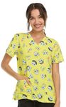 COCO BRANDS Spongebob Women's All Over Print, V-Neck Scrub Top with Pockets - Comfortable Work Uniform, Yellow/Silly Faces, Large