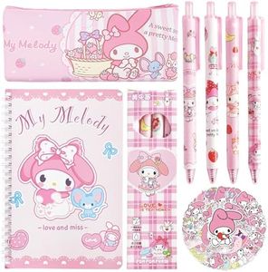 Cute My Melody School Supplies Set - Gel Pens, Journal Notebook, 50 Stickers, Pencil Cse, Kawaii Stationery Set, Back to School Gift, Pink Melody