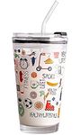 Kikiluxxa Random Design Cartoon Creative Glass Tumbler Sipper Mug For Kids Juice Cup With Lid And Silicon Straw 400Ml - Pack Of 1 (Glass Sipper 1) - Multicolor