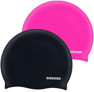 Dizokizo 2pcs High Elasticity Silicone Swim Cap for Women and Men, Comfortable Non-Slip Swimming Caps for Long and Short Hair, Durable Waterproof Swim Hats for Adults, Keep Hair Dry (Rose red & Black)