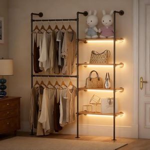 DABILONGC Industrial Pipe Clothes Racks with LED Lights& Shelves, Heavy Duty Adjustable Garment Hanger with Shelves, 2 Installation Methods Closet Storage System for Wardrobe Organization (Black)