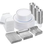 BESTVIP 350PCS Silver Disposable Dinnerware Set (50 Guests), Plastic Plates for Party, Wedding, Include: 100 Plastic Plates, 50 Silver Silverware, 50 Cups, 50 Napkins