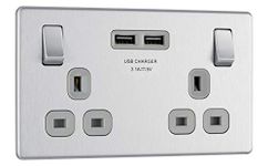 BG Electrical Screwless Flat Plate Double Switched Power Socket with Two USB Charging Ports, 13 Amp, Brushed Steel