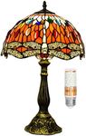 Blivuself Table Lamp Tiffany Style Red Yellow Stained Glass Lamp Dragonfly Desk Banker Light 18" Tall Bedroom Living Bedroom Hotel Boho Victorian Memory Sympathy Antique