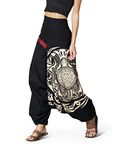 The Veshti Company High Waist Low Crotch Printed Cotton Yoga Harem Loose Fit Pants For Women's, Hippie Style Baggy Palazzo Pant, Ancient Seal Black-Beige, Xl