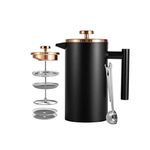 Meelio French Press Coffee Maker 34oz, Stainless Steel Double Wall Insulated Coffee Press 1L / 8 Cup with Rose Gold Metal Lid, Included 2 Extra Replacement Filters and 1 Coffee Spoon, Black