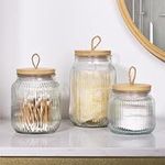 Navaris Bathroom Storage Ribbed Glass Canister Set of 3 - Multipurpose & Airtight for Cotton Wool Ear Buds, Pads, Q Tips, & Make Up - Organiser for Vanity & Dressing Table Decor