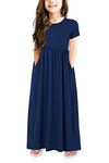 GORLYA Girl's Short Sleeve Floral Print Loose Casual Holiday Long Maxi Dress with Pockets (14Years/Height:160cm, Navy)