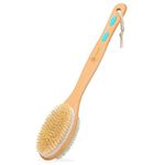 FREATECH Back Scrubber Bath Shower Brush with Soft & Stiff Natural Bristles, Long Handle Bath Brush Body Exfoliator for Wet/Dry Brushing, Remove Dead Skin, Acne and Blackheads