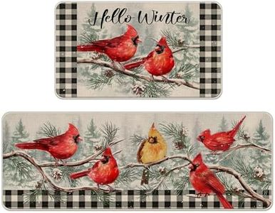 Tailus Hello Winter Cardinal Kitchen Rugs Set of 2, Red Bird Pine Tree Snow Buffalo Plaid Farmhouse Kitchen Mats Decor, Christmas Holiday Seasonal Floor Door Mat Home Decorations -17x29 and 17x47 Inch