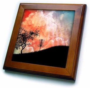 3dRose ft_173454_1 Basket on A Hill-Silhouette of A Frisbee Disc Golf Basket with Chains-Framed Tile Artwork, 8 by 8-Inch