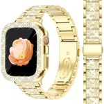 Newlibery Bling Band with Bling Case for Women Compatible with Apple Watch 40mm Elegant Dressy Jewelry Replacement Metal Link Wristband Protector Cover for iWatch Series 9/8/7/6/5/4/3/2/1/SE Gold