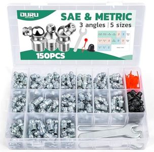 OURU 150PCS Grease Fittings Kit, SAE & Metric Zerk Grease Fittings Straight 45 90 Degree with Grease Fitting Caps & Wrench Kit(7-11mm) for Grease Gun