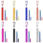 8 Pack Reusable Straws, Stainless Steel Metal Straw with Silicone Tip, Telescopic Travel Straws with Case & Cleaning Brush, Portable Collapsible Pocket Straws for Party Camping Picnic