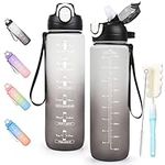 Motivational Water Bottle with Straw, 1L Sports Water Bottle Leakproof, Drinks Bottle with Time Markings, BPA Free for Running, Cycling, Gym, Hiking, School & Office, Grey 1000ml