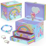 Style Girlz Musical Jewellery Box - Unicorn Jewellery Box For Girls - Large Kids Jewellery Music Box With 2 Pullout Drawers - Includes Unicorn Jewellery Bracelet & Rings - Birthday Gifts For Girls