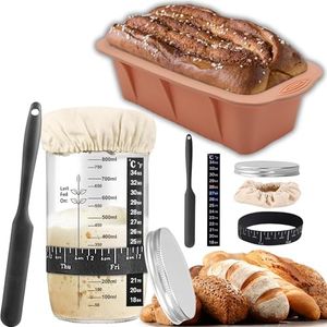 VenVoria 8Pcs Sourdough Starter jar Kit with Silicone Bread Loaf Pan, 35 oz Heat Resistant Glass Container for Sourdough Bread Baking, Bread Lame, Metal Lid & Cloth Cover, Thermometer- Baking Supplies