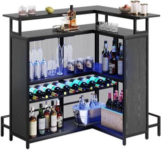 YITAHOME L Shaped Mini Home Bar Unit for Living Room with Music Sensing LED Light, Tall Bars Furniture Table with Wine Rack Alcohol Storage Glasses Hanger Footrest for Kitchen Pub, Black