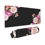 WWUMVE Extended Large Gaming Mousepad - Non-Slip Base, Waterproof, Stitched Edges - Pink Peony Floral Black - XL (31.5×11.8 in) for Computer, Wireless Mouse Keyboard Desk Pad