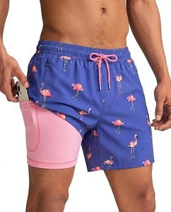 maamgic Mens Swim Trunks with Compression Liner 5 Inch, Quick Dry Bathing Suit with Zipper Pockets, Stretch No-Chafing Swim Shorts, Blue-Pink Flamingo X-Small