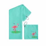 Flamingo Golf Towel, Large Embroidered Towel with Carabiner Clip, Small Towel for Golf Ball Cleaning, Golf Accessories for Women, Men, Kids Golfers, Pack of 2